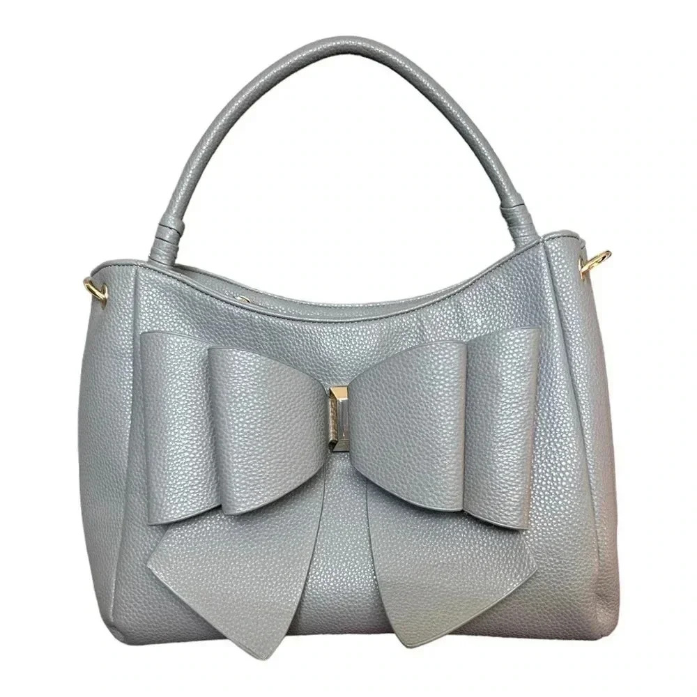 CROSSI Gray Pebbled Faux Leather Shoulder Bag w/ Large Bow & Gold Hardware